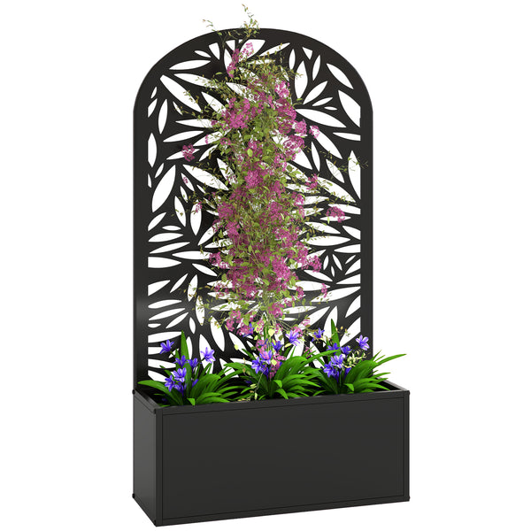 Metal Raised Garden Bed with Trellis for Climbing Plants, Freestanding or Wall Mounted Flower Bed with Cueved Privacy Panel, Leaves Cut-Out Outdoor Planter Box for Garden, Patio, Balcony