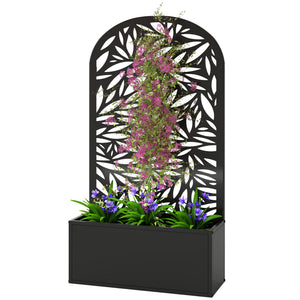 Metal Raised Garden Bed with Trellis for Climbing Plants, Freestanding or Wall Mounted Flower Bed with Cueved Privacy Panel, Leaves Cut-Out Outdoor Planter Box for Garden, Patio, Balcony