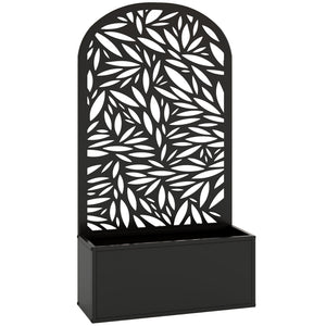 Metal Raised Garden Bed with Trellis for Climbing Plants, Freestanding or Wall Mounted Flower Bed with Cueved Privacy Panel, Leaves Cut-Out Outdoor Planter Box for Garden, Patio, Balcony