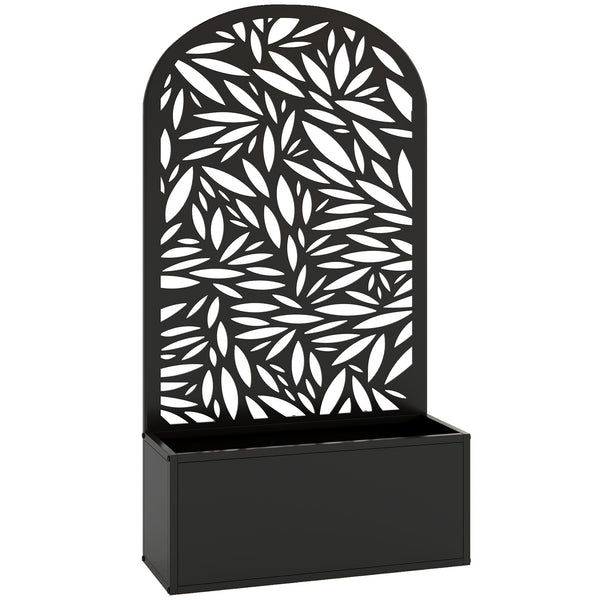 Metal Raised Garden Bed with Trellis for Climbing Plants, Freestanding or Wall Mounted Flower Bed with Cueved Privacy Panel, Leaves Cut-Out Outdoor Planter Box for Garden, Patio, Balcony