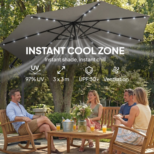 9.7 ft Cantilever Patio Umbrella with Solar LED Light, Cover, Round Offset Hanging Outdoor Umbrella Parasol with Tilt and Crank Handle, Grey