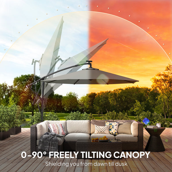 9.7 ft Cantilever Patio Umbrella with Solar LED Light, Cover, Round Offset Hanging Outdoor Umbrella Parasol with Tilt and Crank Handle, Grey
