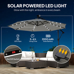 9.7 ft Cantilever Patio Umbrella with Solar LED Light, Cover, Round Offset Hanging Outdoor Umbrella Parasol with Tilt and Crank Handle, Grey