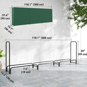 10 ft Firewood Rack with Waterproof Cover, Heavy Duty Metal Log Store Indoors with Steel Chains, Log Storage Holder for Outdoor Indoor Fireplace, Dark Green