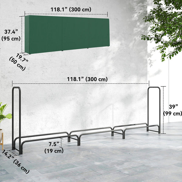 10 ft Firewood Rack with Waterproof Cover, Heavy Duty Metal Log Store Indoors with Steel Chains, Log Storage Holder for Outdoor Indoor Fireplace, Dark Green