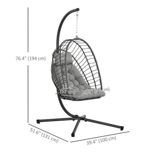 Outdoor Rattan Swing Chair with Foldable Basket and Cushion, Garden Patio Hanging Egg Chair with Metal Stand, Headrest for Indoor and Outdoor, Light Grey