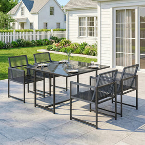 5 Pieces Garden Dining Set, Outdoor Patio Cube Set, 4 Seater Outdoor Table and Chairs with Foldable Backrest, Tempered Glass Top, Space-Saving, Dark Grey