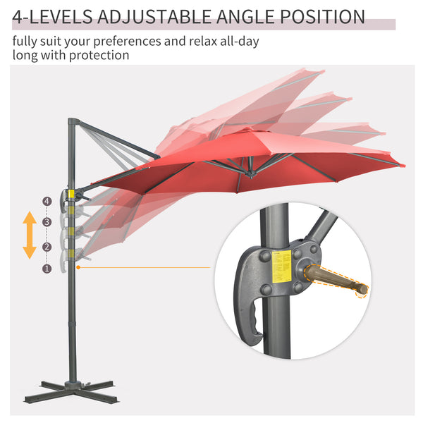3 x 3(m) Cantilever Parasol with Cross Base, Garden Umbrella with 360° Rotation, Crank Handle and Tilt for Outdoor, Patio, Wine Red