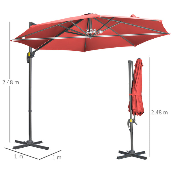 3 x 3(m) Cantilever Parasol with Cross Base, Garden Umbrella with 360° Rotation, Crank Handle and Tilt for Outdoor, Patio, Wine Red