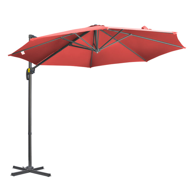 3 x 3(m) Cantilever Parasol with Cross Base, Garden Umbrella with 360° Rotation, Crank Handle and Tilt for Outdoor, Patio, Wine Red