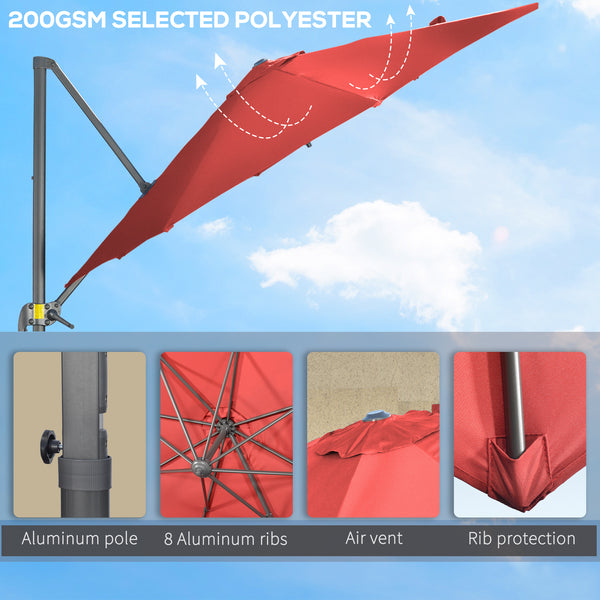 3 x 3(m) Cantilever Parasol with Cross Base, Garden Umbrella with 360° Rotation, Crank Handle and Tilt for Outdoor, Patio, Wine Red