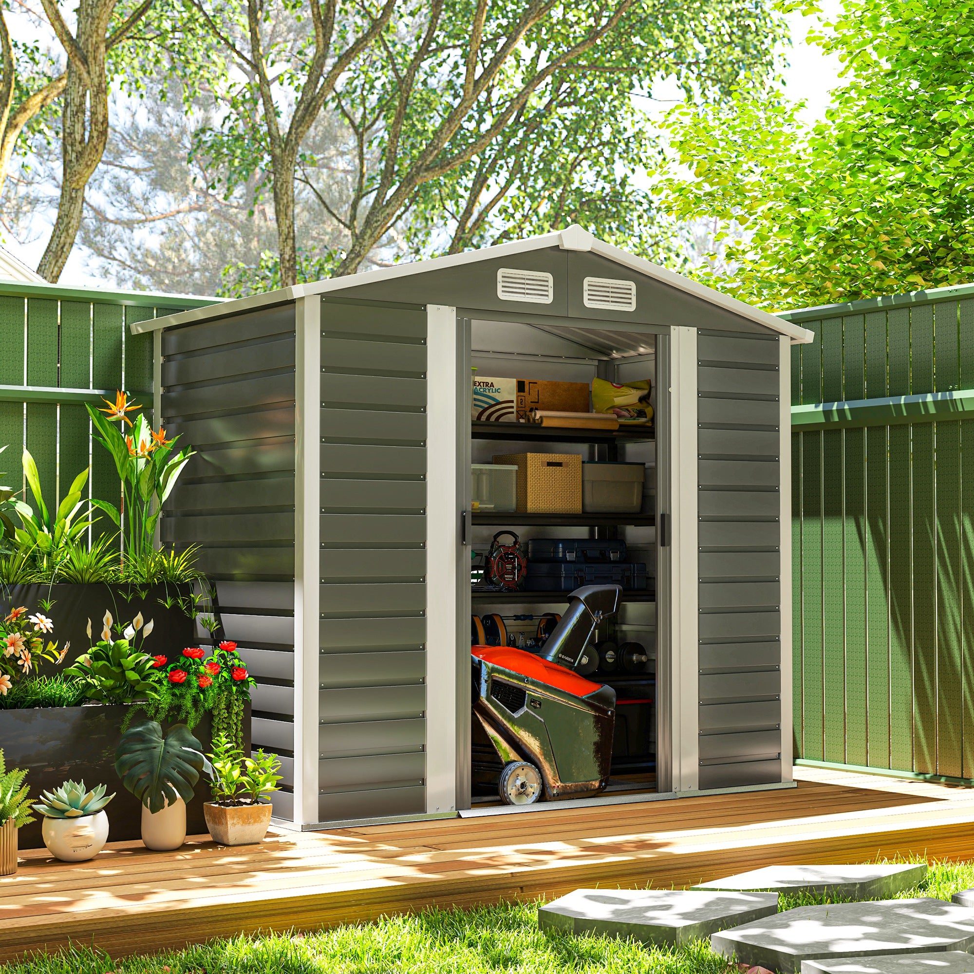 7 x 4ft Garden Shed, Easy to Assemble, Upgraded Galvanised Steel Frame with Foundation Kit, Double Doors with Lock, Outdoor Metal Shed with Vents and Gloves, Garden Storage Shed, Dark Grey