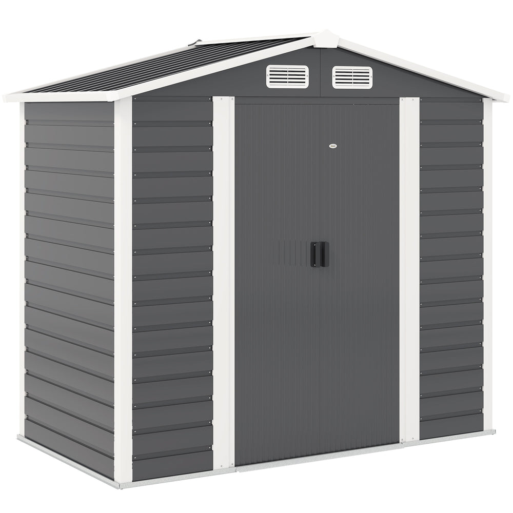 7' x 4' Outdoor Storage Shed, Easy to Assemble, Upgraded Galvanised Steel Frame with Foundation Kit, Double Doors with Lock, Metal Garden Shed with Vents Gloves, Dark Grey