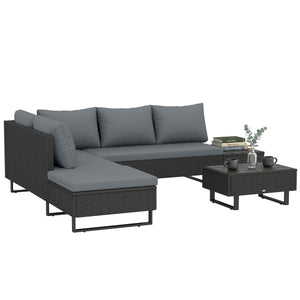 5 Seater Rattan Garden Furniture Set, Adjustable Back Corner Sofa Outdoor Lounge Set, Loveseat, Faux Wood Table, Cushions, L Shaped Patio Furniture Conversation Sets, Metal Frame, Dark Grey