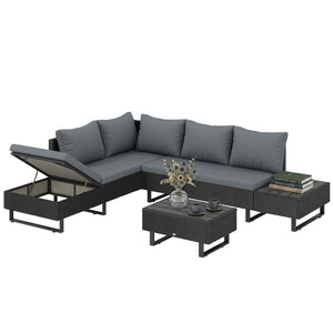 5 Seater Rattan Garden Furniture Set, Adjustable Back Corner Sofa Outdoor Lounge Set, Loveseat, Faux Wood Table, Cushions, L Shaped Patio Furniture Conversation Sets, Metal Frame, Dark Grey