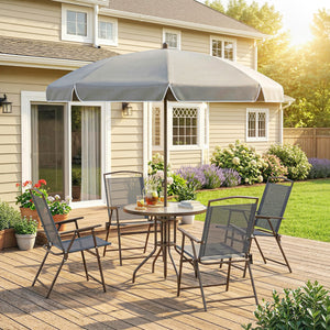 6 Piece Garden Dining Set with Umbrella, Patio Sets with Parasol, 4 Folding Dining Chairs & Round Tempered Glass Table, Dark Grey