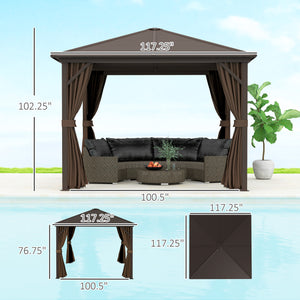 Outsunny 10' x 10' Hardtop Gazebo Canopy with Galvanized Steel Roof, Aluminum Frame, Permanent Pavilion Outdoor Gazebo with Hook, Netting and Curtains for Patio, Garden, Backyard, Dark Brown