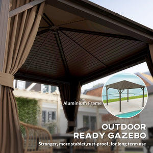 Outsunny 10' x 10' Hardtop Gazebo Canopy with Galvanized Steel Roof, Aluminum Frame, Permanent Pavilion Outdoor Gazebo with Hook, Netting and Curtains for Patio, Garden, Backyard, Dark Brown