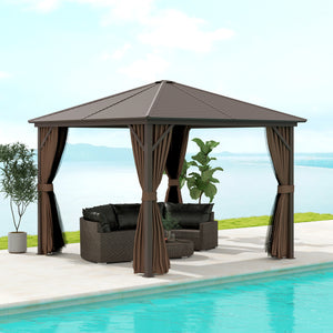 Outsunny 10' x 10' Hardtop Gazebo Canopy with Galvanized Steel Roof, Aluminum Frame, Permanent Pavilion Outdoor Gazebo with Hook, Netting and Curtains for Patio, Garden, Backyard, Dark Brown