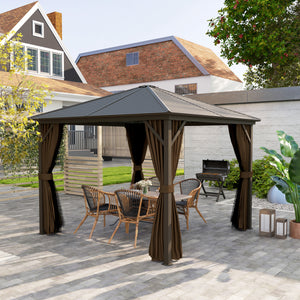 Outsunny 10' x 10' Hardtop Gazebo Canopy with Galvanized Steel Roof, Aluminum Frame, Permanent Pavilion Outdoor Gazebo with Hook, Netting and Curtains for Patio, Garden, Backyard, Dark Brown