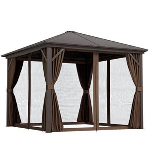 Outsunny 10' x 10' Hardtop Gazebo Canopy with Galvanized Steel Roof, Aluminum Frame, Permanent Pavilion Outdoor Gazebo with Hook, Netting and Curtains for Patio, Garden, Backyard, Dark Brown