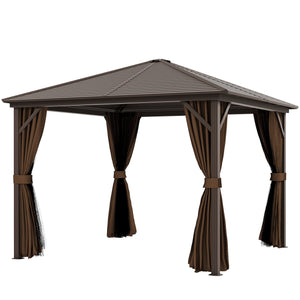 Outsunny 10' x 10' Hardtop Gazebo Canopy with Galvanized Steel Roof, Aluminum Frame, Permanent Pavilion Outdoor Gazebo with Hook, Netting and Curtains for Patio, Garden, Backyard, Dark Brown