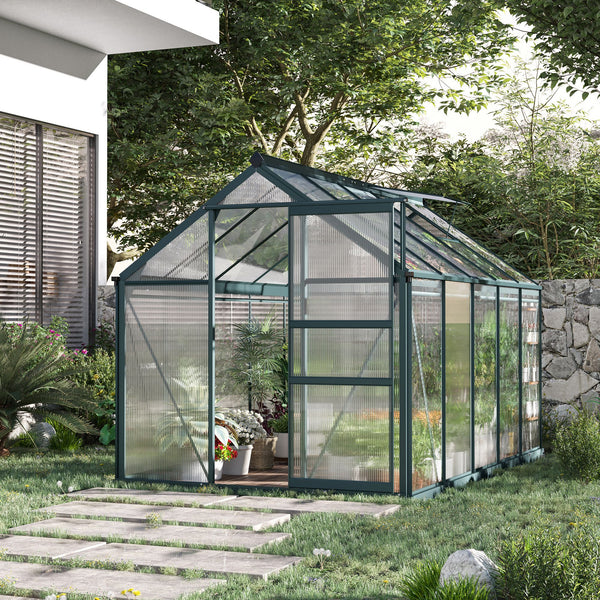 Outsunny 6' x 10' Greenhouse for Outdoors, Polycarbonate Greenhouse with Rain Gutter and Roof Vent, Aluminum Walk-in Green Houses for Outside for Patio Backyard Garden, Dark Green