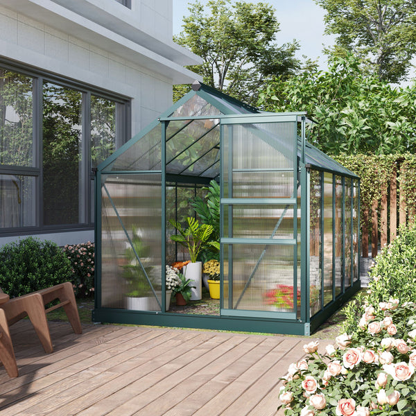 Outsunny 6' x 10' Greenhouse for Outdoors, Polycarbonate Greenhouse with Rain Gutter and Roof Vent, Aluminum Walk-in Green Houses for Outside for Patio Backyard Garden, Dark Green