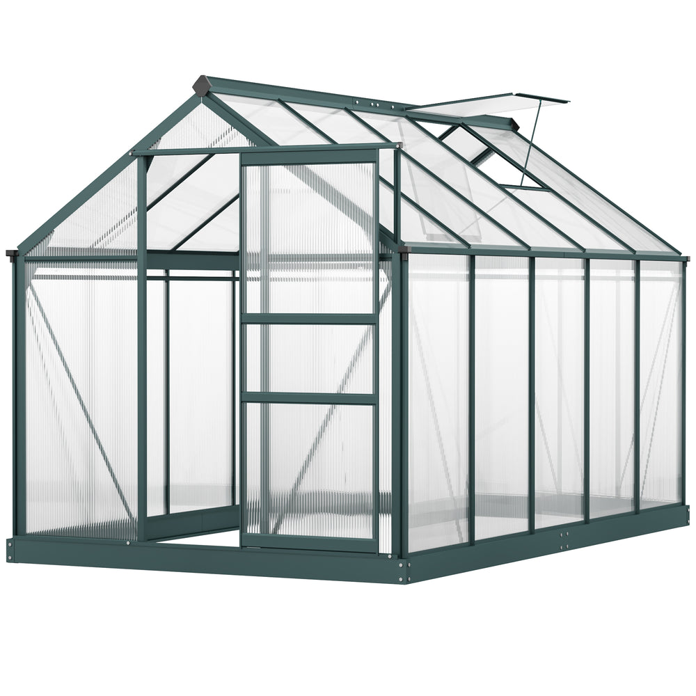 6 x 10ft Polycarbonate Greenhouse, Large Walk-In Green House with Slide Door and Window, Garden Plants Grow House with Aluminium Frame and Foundation, Dark Green