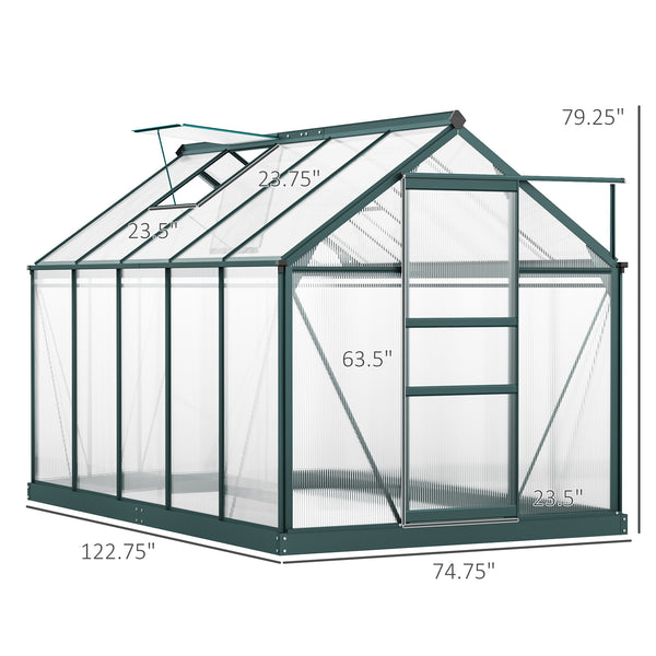 Outsunny 6' x 10' Greenhouse for Outdoors, Polycarbonate Greenhouse with Rain Gutter and Roof Vent, Aluminum Walk-in Green Houses for Outside for Patio Backyard Garden, Dark Green