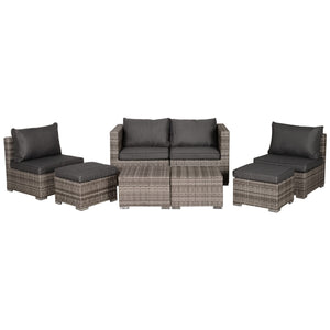8 Pieces Rattan Garden Furniture Set, Garden Corner Sofa Set with 4 Chairs, 2 Footstools, 2 Coffee Tables and Cushions, Space-Saving Design, No Assembly Required, Grey