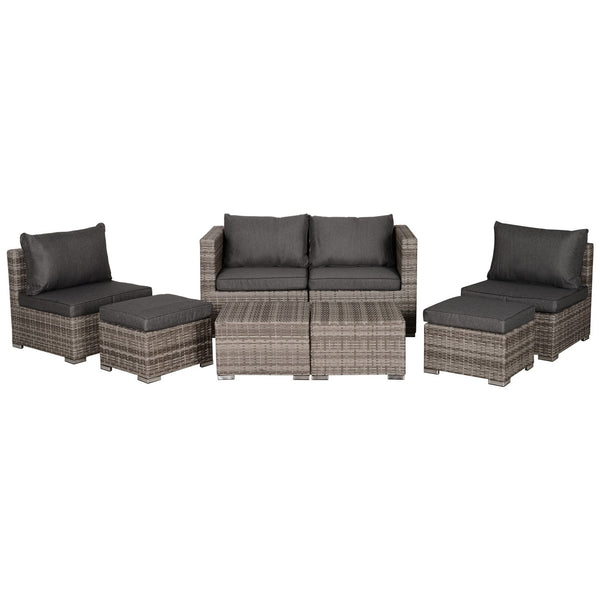 8 Pieces Rattan Garden Furniture Set, Garden Corner Sofa Set with 4 Chairs, 2 Footstools, 2 Coffee Tables and Cushions, Space-Saving Design, No Assembly Required, Grey