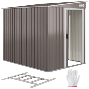 5 x 7FT Lean to Outdoor Storage Shed with Foundation Kit, Metal Garden Shed with Adjustable Shelves, Sliding Door, Vents, Hooks for Backyard, Patio, Lawn, Light Grey