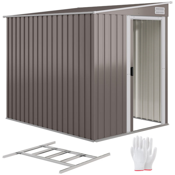 5 x 7FT Lean to Outdoor Storage Shed with Foundation Kit, Metal Garden Shed with Adjustable Shelves, Sliding Door, Vents, Hooks for Backyard, Patio, Lawn, Light Grey