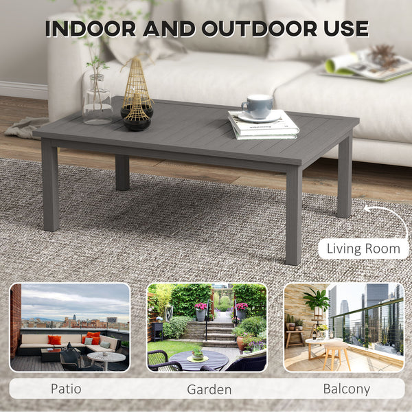 Aluminium Outdoor Coffee Table, Rectangular Patio Side Table with Wood Grain Effect and Slat Tabletop for Indoor, Garden, Balcony, 100cm x 60cm, Brown