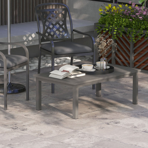 Aluminium Outdoor Coffee Table, Rectangular Patio Side Table with Wood Grain Effect and Slat Tabletop for Indoor, Garden, Balcony, 100cm x 60cm, Brown