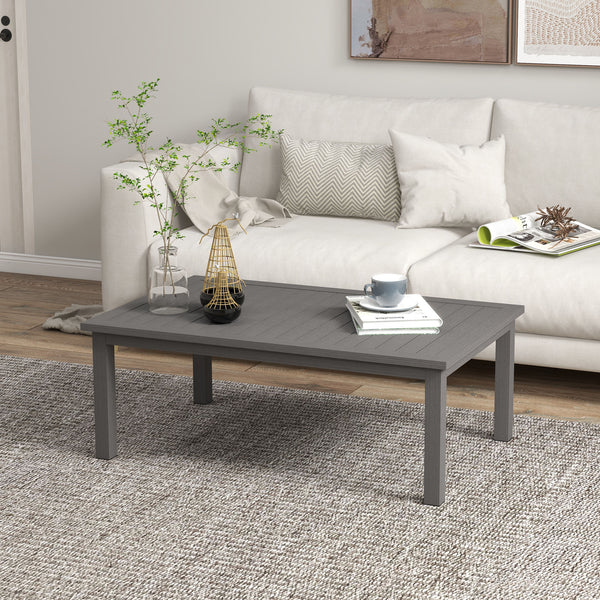 Aluminium Outdoor Coffee Table, Rectangular Patio Side Table with Wood Grain Effect and Slat Tabletop for Indoor, Garden, Balcony, 100cm x 60cm, Brown