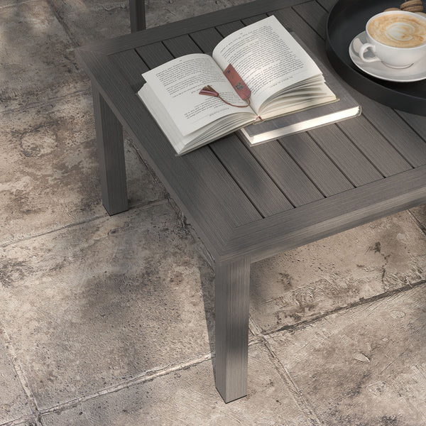 Aluminium Outdoor Coffee Table, Rectangular Patio Side Table with Wood Grain Effect and Slat Tabletop for Indoor, Garden, Balcony, 100cm x 60cm, Brown