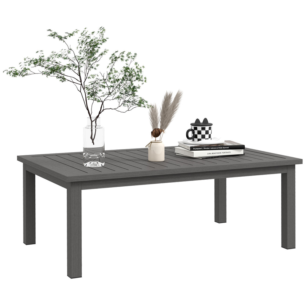 Aluminium Outdoor Coffee Table, Rectangular Patio Side Table with Wood Grain Effect and Slat Tabletop for Indoor, Garden, Balcony, 100cm x 60cm, Brown