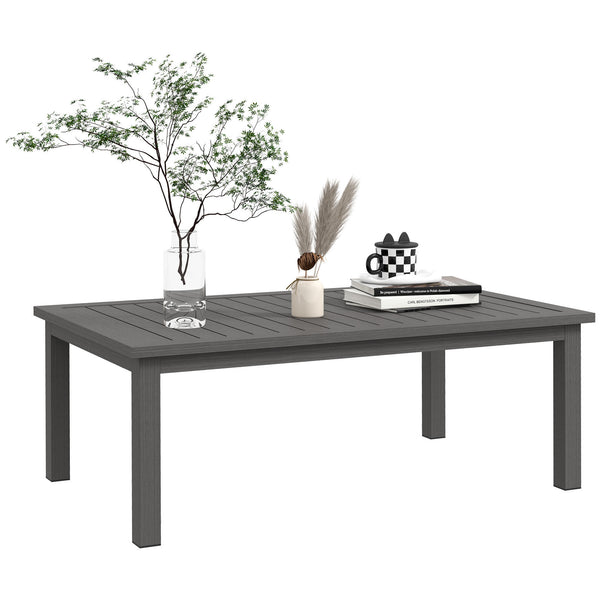 Aluminium Outdoor Coffee Table, Rectangular Patio Side Table with Wood Grain Effect and Slat Tabletop for Indoor, Garden, Balcony, 100cm x 60cm, Brown
