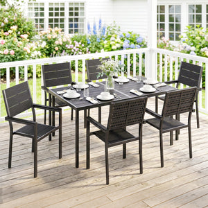 7 Pieces Outdoor Dining Set, Patio Table and Chairs for 6, Garden Dining Furniture Set with Slatted Tabletop and Metal Frame for Balcony, Patio, Backyard, Black