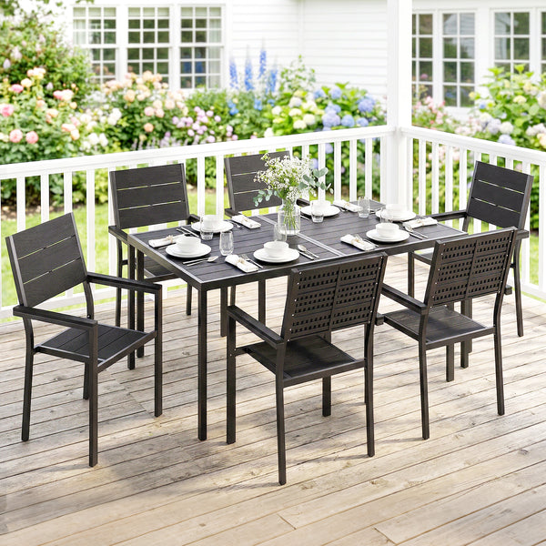 7 Pieces Outdoor Dining Set, Patio Table and Chairs for 6, Garden Dining Furniture Set with Slatted Tabletop and Metal Frame for Balcony, Patio, Backyard, Black