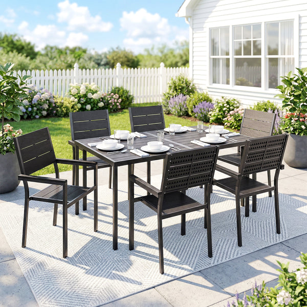 7 Pieces Outdoor Dining Set, Patio Table and Chairs for 6, Garden Dining Furniture Set with Slatted Tabletop and Metal Frame for Balcony, Patio, Backyard, Black