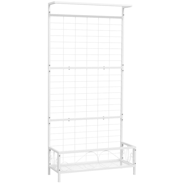 Outsunny Tall Plant Stand with Trellis and Hanging Bar, Metal Plant Holder Flower Stand for Vine Climbing Plants Flowers Indoor Outdoor Use, 35" x 12.8" x 74", White