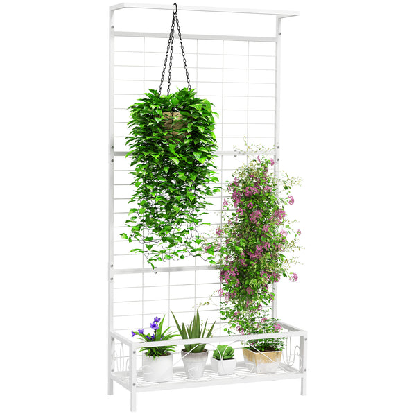 Outsunny Tall Plant Stand with Trellis and Hanging Bar, Metal Plant Holder Flower Stand for Vine Climbing Plants Flowers Indoor Outdoor Use, 35" x 12.8" x 74", White