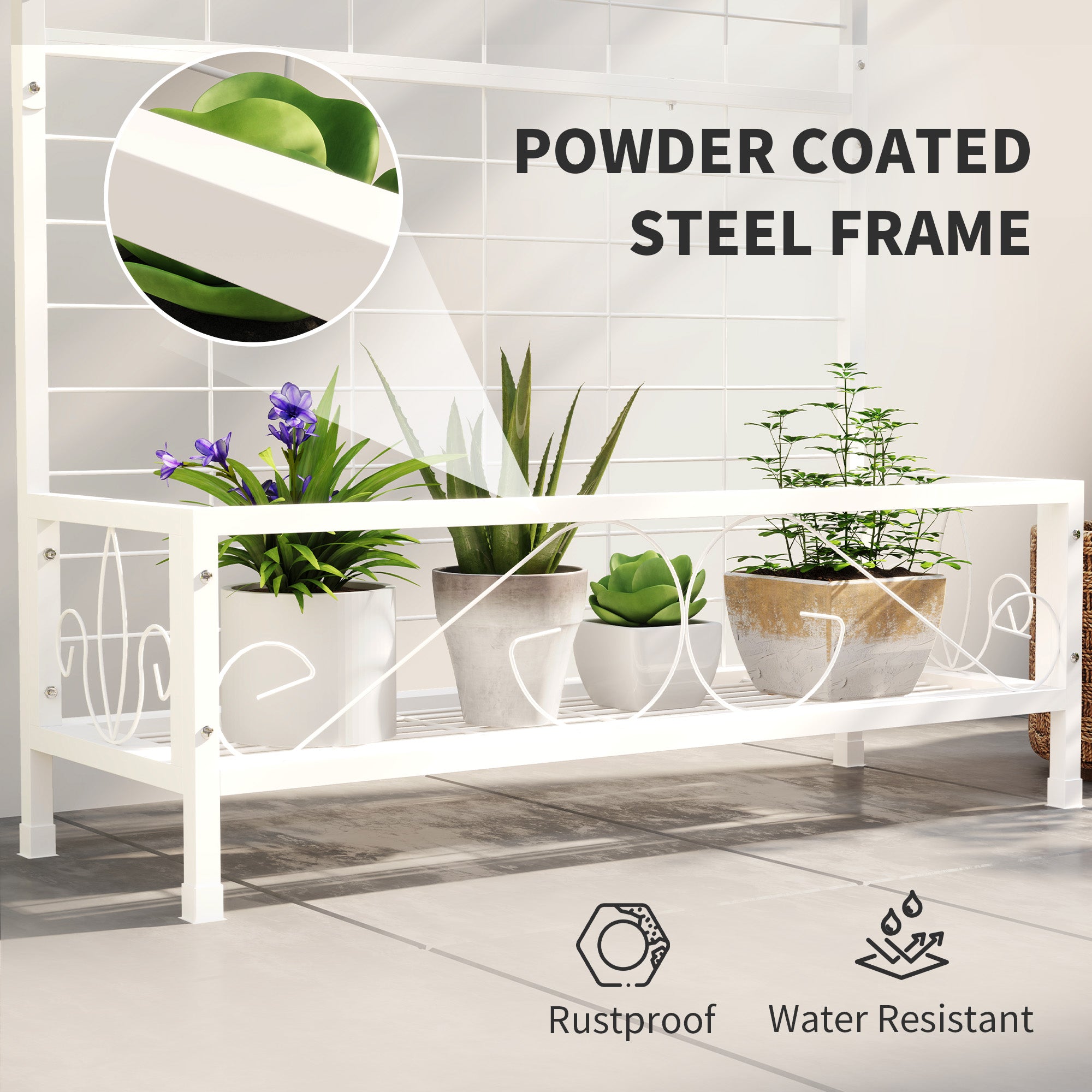steel hanging plant holder Outsunny Metal Tall Plant Stand with Trellis and Hanging Bar, Plant Holder for Indoor Outdoor Use, 36" x 12.8" x 74", White