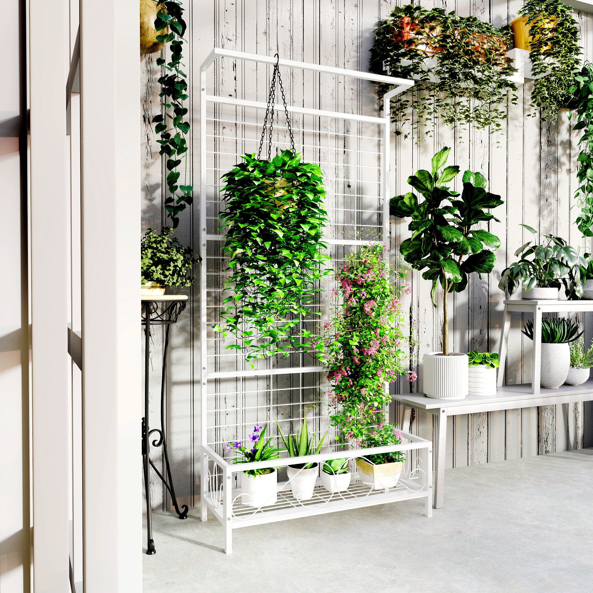 plant hanging stand indoor Outsunny Metal Tall Plant Stand with Trellis and Hanging Bar, Plant Holder for Indoor Outdoor Use, 36" x 12.8" x 74", White