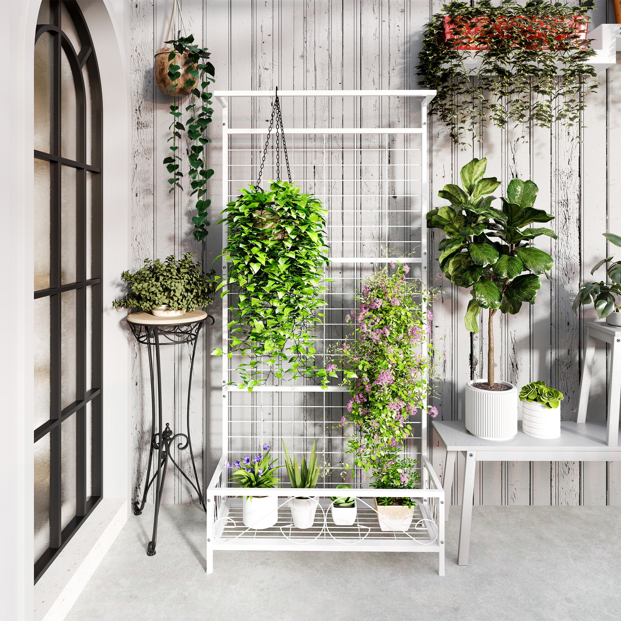 plant rack ideas indoor Outsunny Metal Tall Plant Stand with Trellis and Hanging Bar, Plant Holder for Indoor Outdoor Use, 36" x 12.8" x 74", White