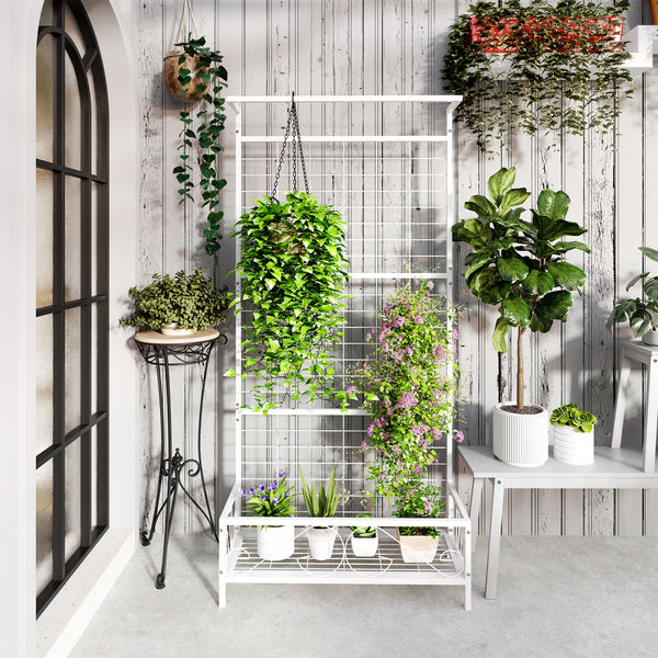 Outsunny Tall Plant Stand with Trellis and Hanging Bar, Metal Plant Holder Flower Stand for Vine Climbing Plants Flowers Indoor Outdoor Use, 35" x 12.8" x 74", White