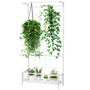 Outsunny Tall Plant Stand with Trellis and Hanging Bar, Metal Plant Holder Flower Stand for Vine Climbing Plants Flowers Indoor Outdoor Use, 35" x 12.8" x 74", White